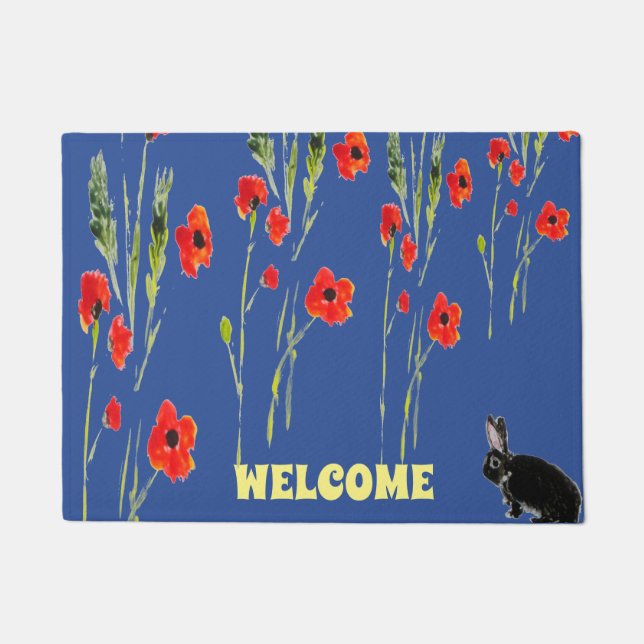Bunny Rabbit Red Poppies Custom Doormat (Front)