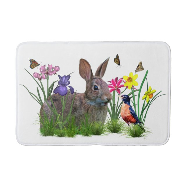 Bunny Rabbit,  Robin, and Flowers, Customisable Bath Mat (Front)