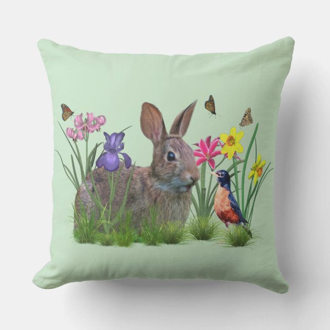 Bunny Rabbit,  Robin, and Flowers. Customisable Cushion (Front)