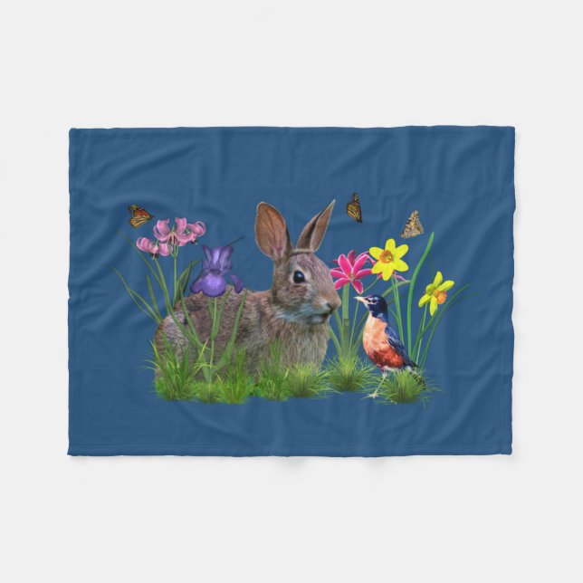 Bunny Rabbit,  Robin, and Flowers, Customisable Fleece Blanket (Front (Horizontal))