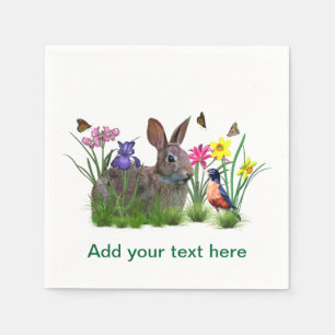 Bunny Rabbit,  Robin, and Flowers, Customisable Napkin