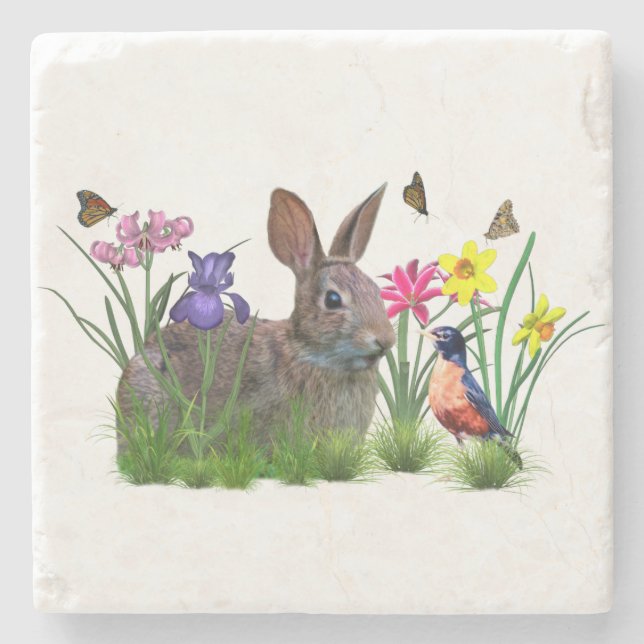 Bunny Rabbit,  Robin, and Flowers, Customisable Stone Coaster (Front)