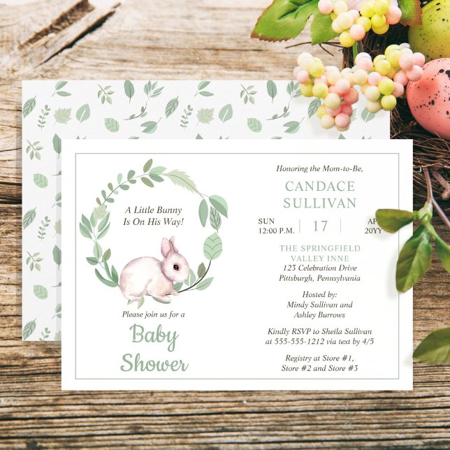 Bunny Rabbit Sage Floral Wreath Boy Baby Shower Invitation (Creator Uploaded)