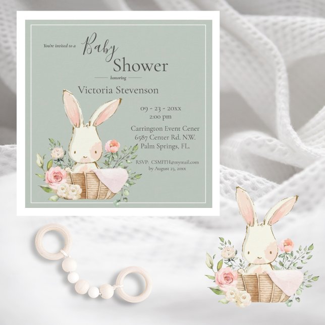 Bunny Rabbit Sage Green Baby Shower Invitation (Creator Uploaded)