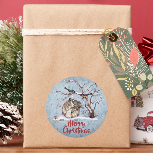 Bunny Rabbit & Snow Birds Round Sticker (Holiday)