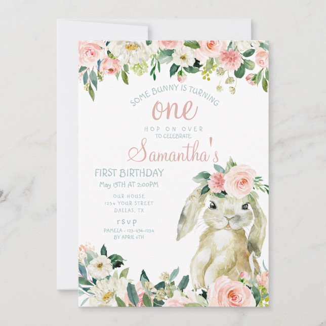 Bunny Rabbit Spring Floral Girl 1st Birthday Party Invitation (Front)