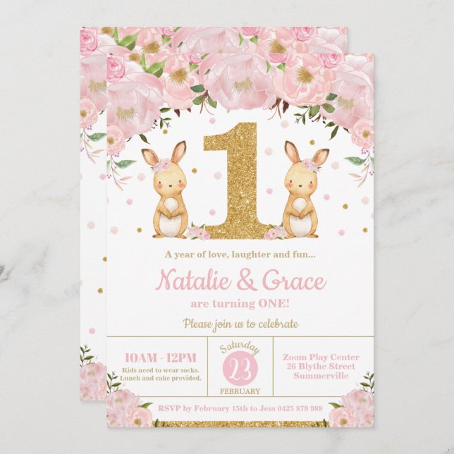 Bunny Rabbit Twin Girls 1st Birthday Party Twins Invitation (Front/Back)