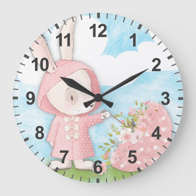 Bunny Rabbit Umbrella & Flowers Large Clock (Front)