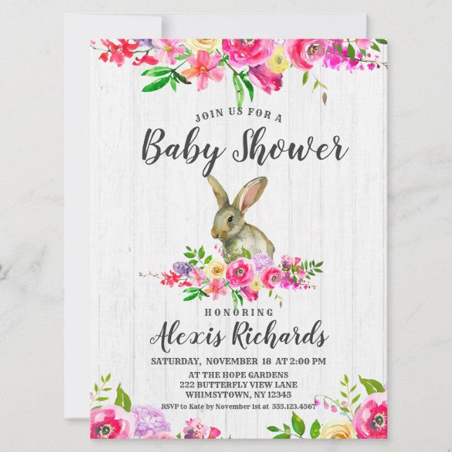 Bunny Rabbit Watercolor Floral Baby Shower Invitat Invitation (Front)