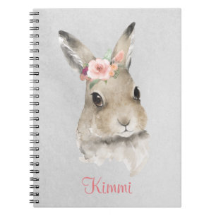 Bunny Rabbit Watercolor Floral Name Cute Grey Notebook