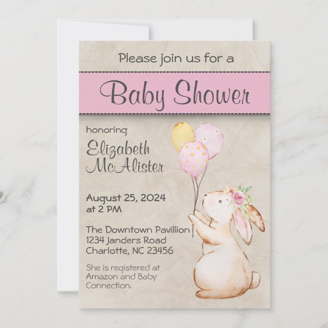 Bunny Rabbit with Balloons Baby Shower Invitation (Front)