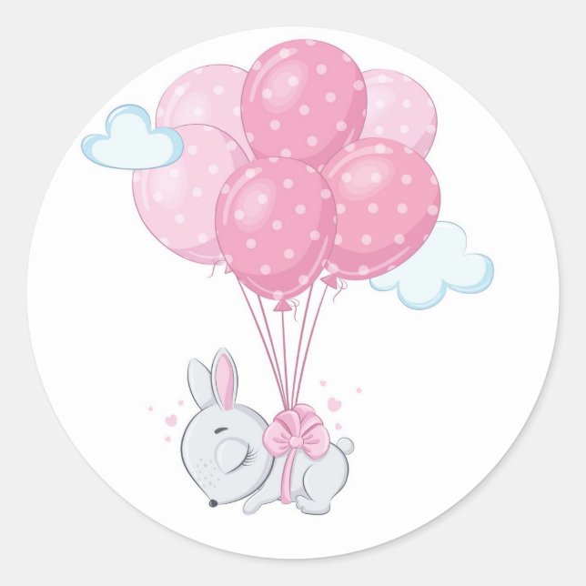 Bunny Rabbit with Pink Balloons Classic Round Sticker (Front)