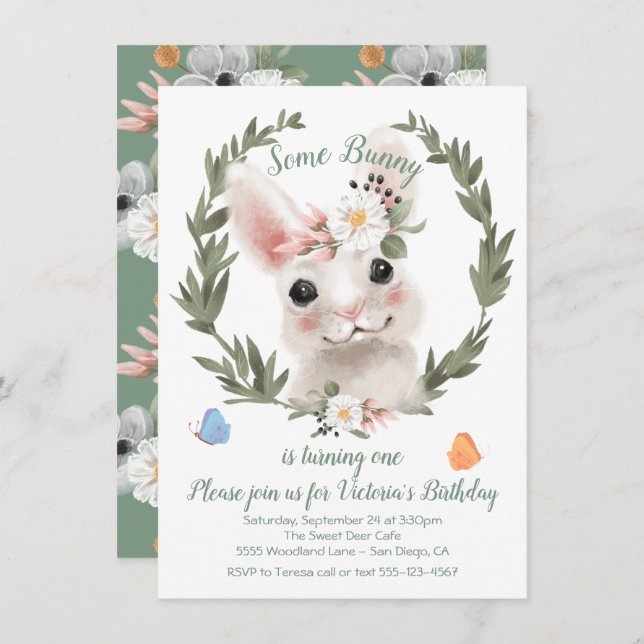 Bunny Rabbit wreath Birthday Party Invitation (Front/Back)