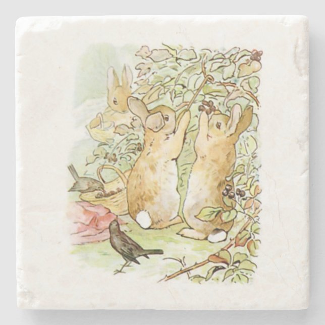 Bunny Rabbits: Blackberry Picking (Beatrix Potter) Stone Coaster (Front)