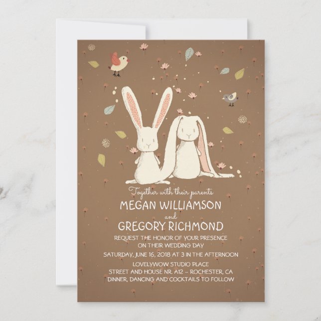 Bunny Rabbits Cute Rustic Woodland Wedding Invitation (Front)