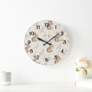 Bunny Rabbits Daisy Flowers Nursery Large Clock