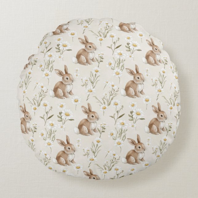 Bunny Rabbits Daisy Flowers Round Cushion (Front)