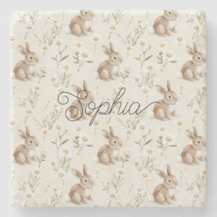 Bunny Rabbits Daisy Flowers Stone Coaster