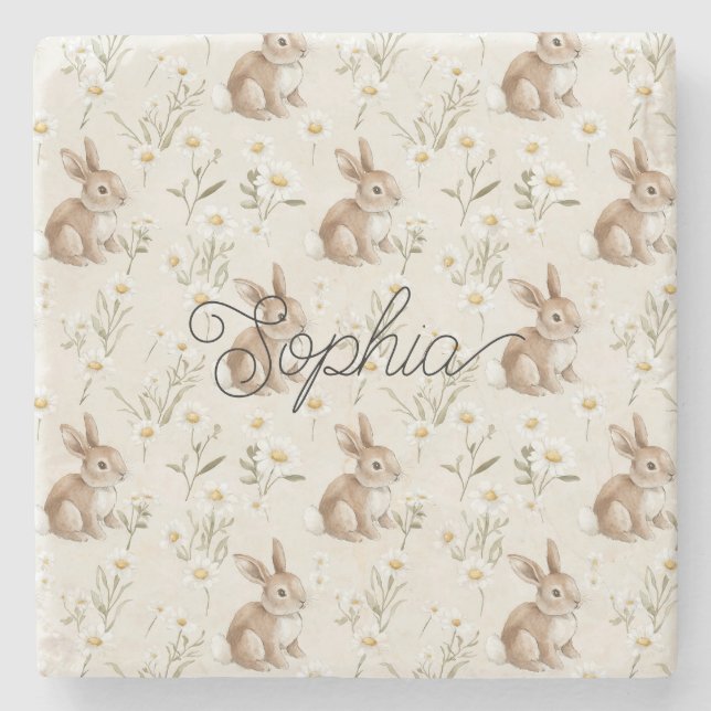Bunny Rabbits Daisy Flowers Stone Coaster (Front)
