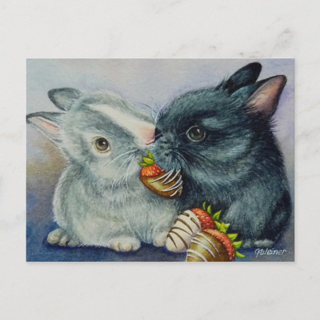 Bunny Rabbits & Dipped Strawberries Watercolor Art Postcard (Front)