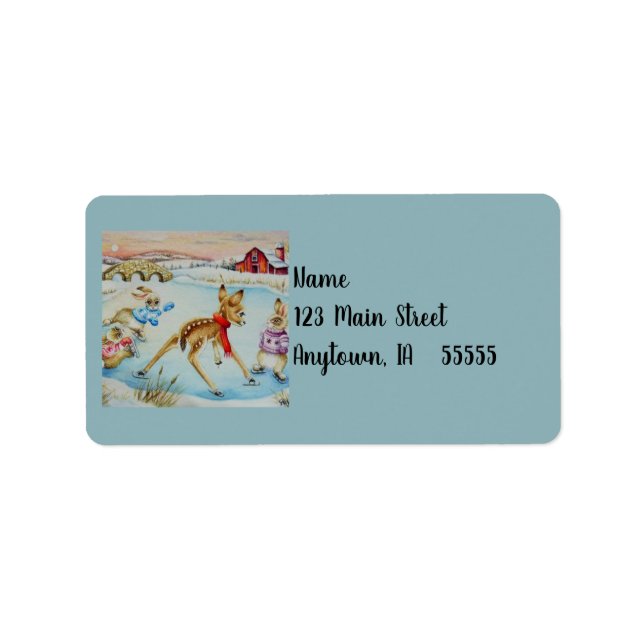 Bunny Rabbits & Fawn Ice Skating Watercolor Art Label (Front)