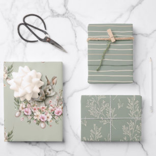 Bunny Rabbits Floral Easter Brunch Olive colour Wrapping Paper Sheet