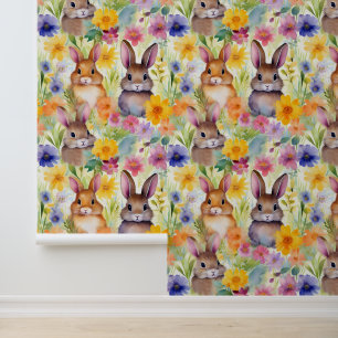 Bunny Rabbits in the Flowers Watercolor Wallpaper