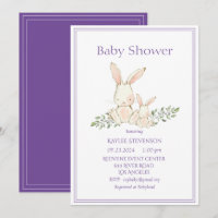 Bunny Rabbits Purple Modern Baby Shower Invitation