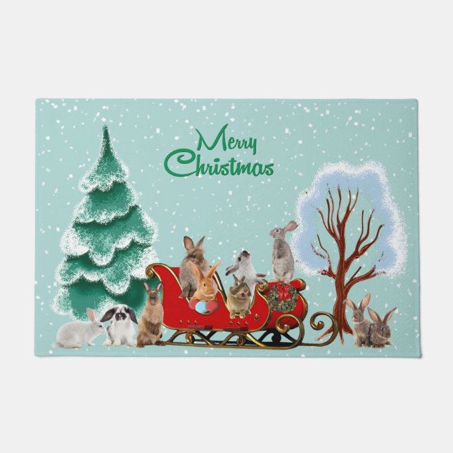 Bunny Rabbits Santa Sled Holiday Doormat (Front)