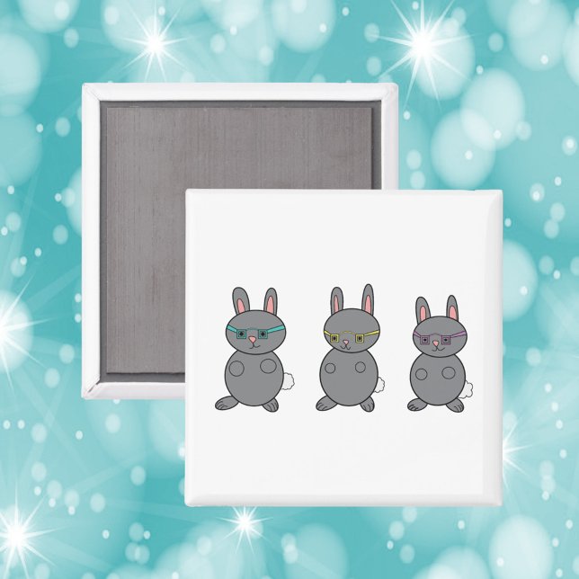 Bunny Rabbits Wearing Glasses Magnet (A cute magnet with three gray bunny rabbits wearing glasses.)