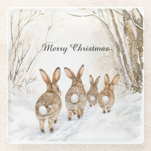 Bunny Rabbits Woods Christmas Glass Coaster