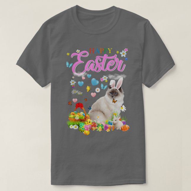 Bunny Ragdoll Cat Happy Easter Eggs  T-Shirt (Design Front)