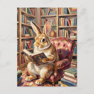 Bunny Reading a Book in Cosy Room Ful of Books Postcard