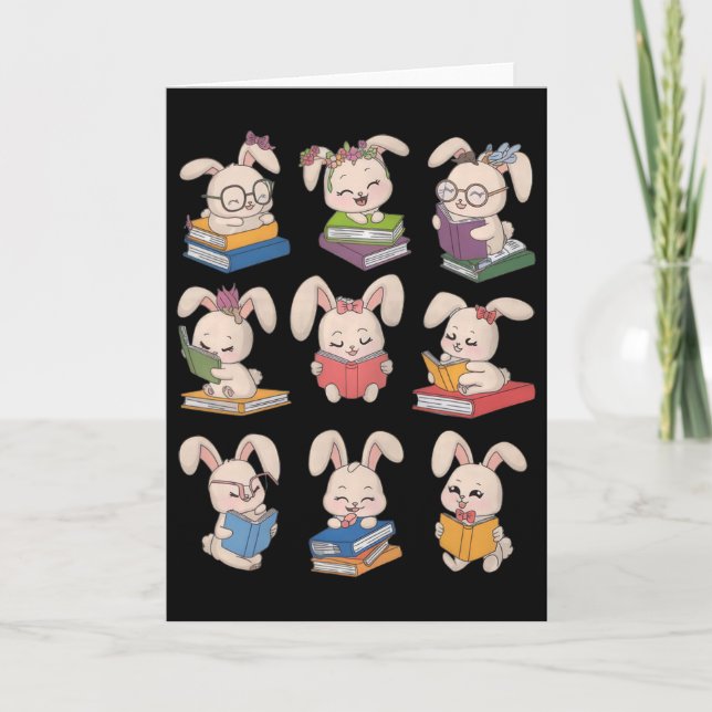Bunny Reading Books Easter Day Librarian Teacher B Card (Front)