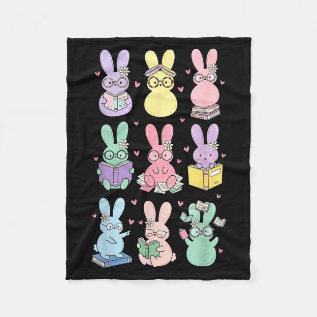 Bunny reading books easter day librarian teacher fleece blanket (Front)