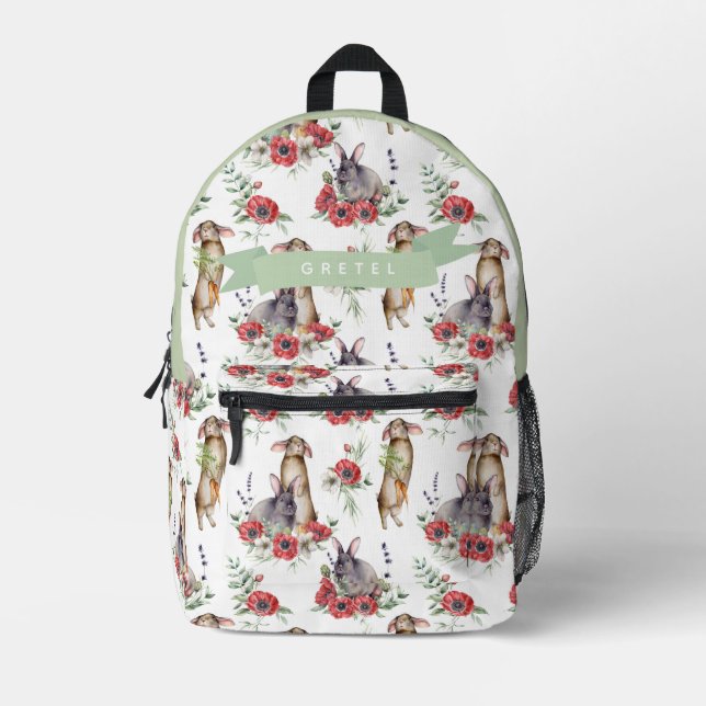 Bunny & Red Anemone Pattern Girl Printed Backpack (Front)