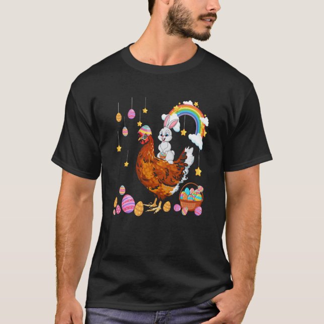 Bunny Riding Chicken Easter Day Costume Farmer Hun T-Shirt (Front)