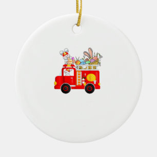 Bunny Riding Firetruck Easter Day Firefighter Happ Ceramic Tree Decoration