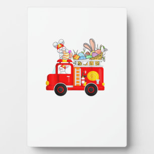 Bunny Riding Firetruck Easter Day Firefighter Happ Plaque