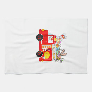 Bunny Riding Firetruck Easter Day Firefighter Happ Tea Towel