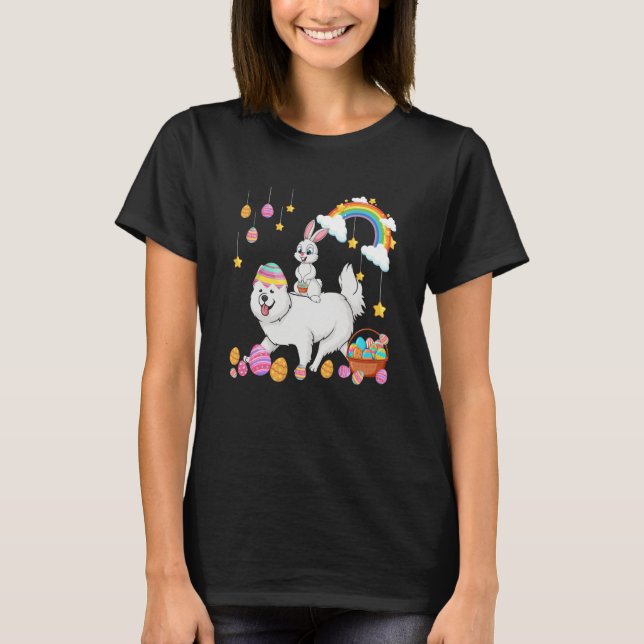 Bunny Riding Samoyed Easter Day Costume Owner Hunt T-Shirt (Front)