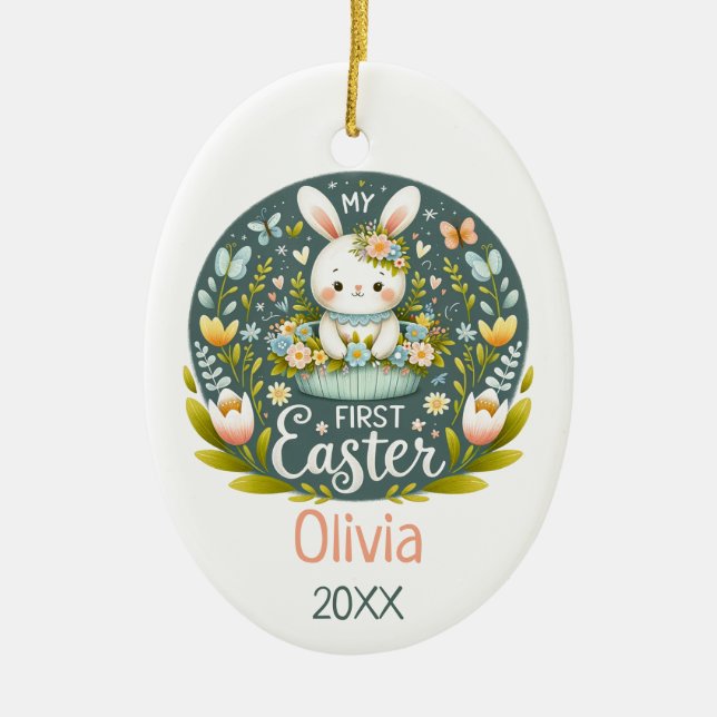 Bunny’s First Easter Celebration - Personalised Ceramic Tree Decoration (Front)