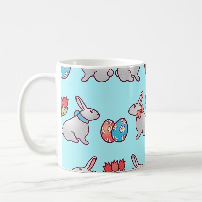 Bunny seamless pattern with easter eggs and a bouq coffee mug (Left)