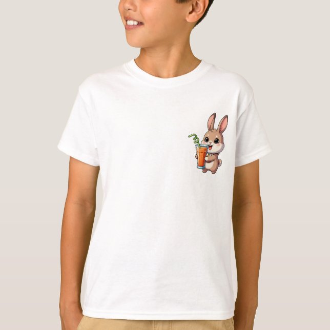Bunny Sipping Carrot Juice Kids T-Shirt (Front)