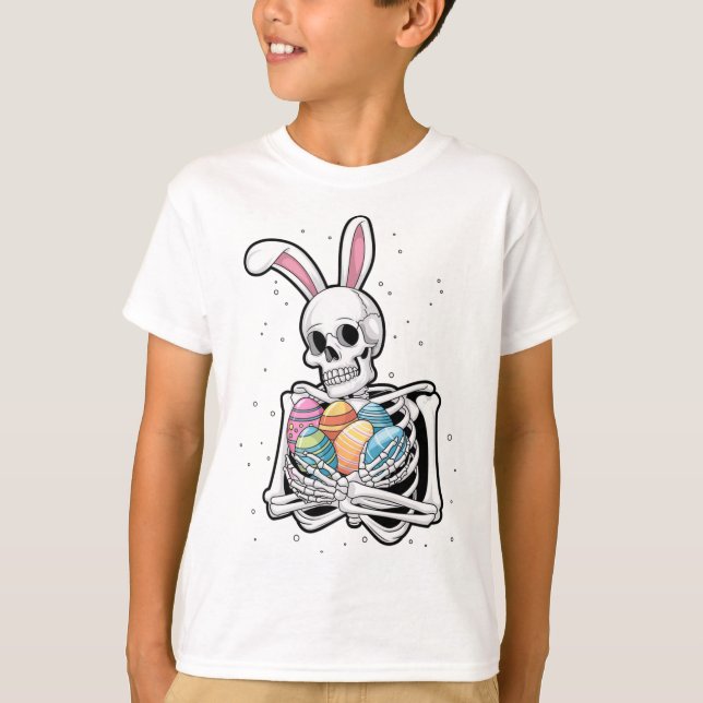 Bunny Skeleton Holding Easter Eggs Funny Easter Da T-Shirt (Front)
