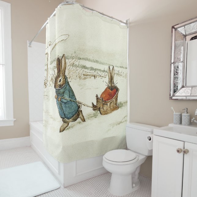 “Bunny Sleigh Ride” by Beatrix Potter Shower Curtain (In Situ)