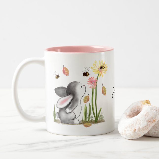 Bunny Smelling Flower Mug with Name (With Donut)