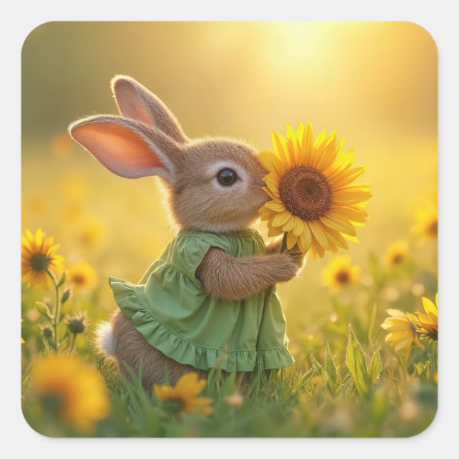 Bunny Sniffing a Yellow Sunflower Square Sticker (Front)