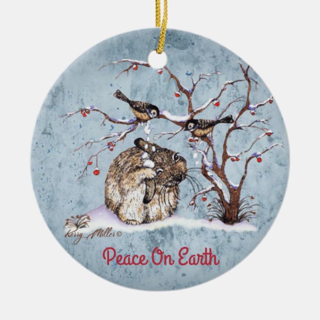 Bunny & Snow Birds Ceramic Tree Decoration (Front)