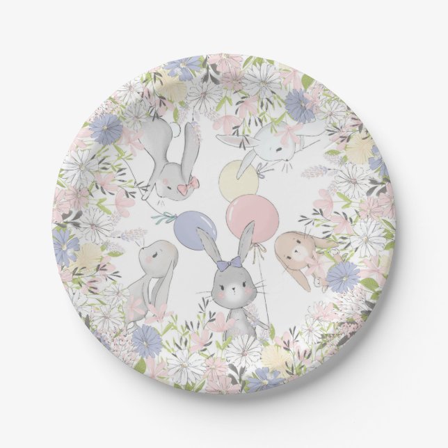 Bunny spring floral birthday party plates (Front)
